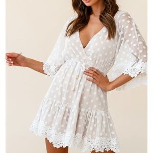 sleeve lace trim polka dot white dress